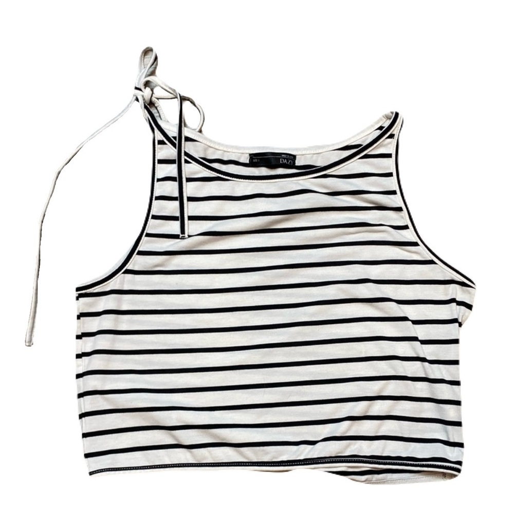 Dazy Striped Black and White Crop Top Spaghetti Strap Tank w/ Bow - Picture 1 of 6